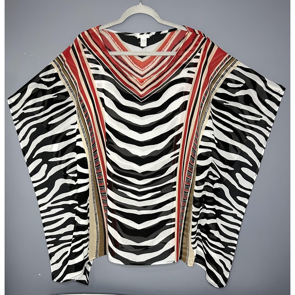 Chicos Tunic Blouse Womens S/M Zebra Animal Print Sheer Kimono Layering Top USA
